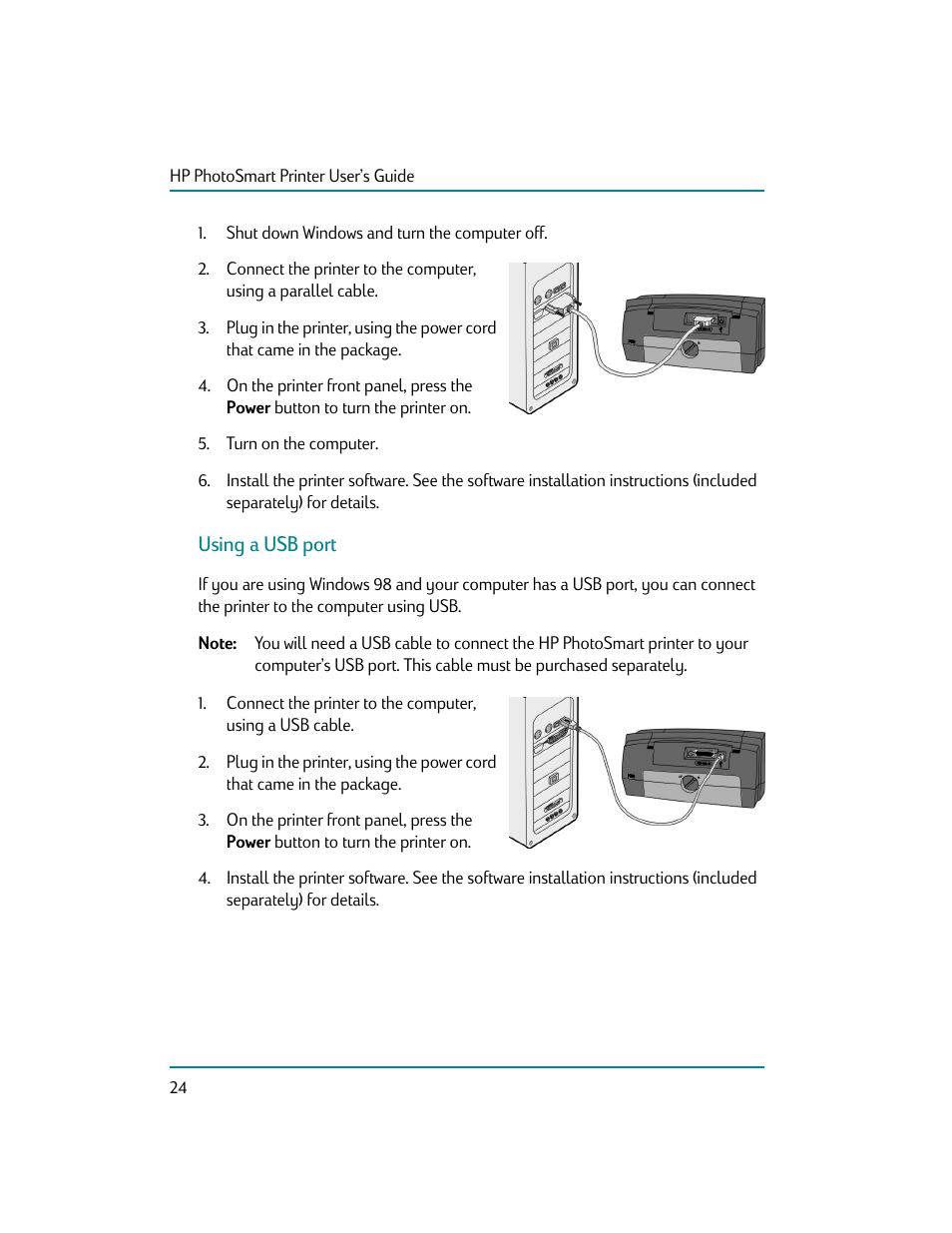 Using a usb port | HP Photosmart p1000 1000 Printer User Manual | Page 30 / 70
