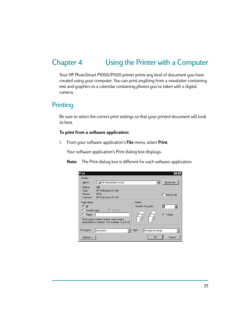 Using the printer with a computer, Printing, To print from a software application | Chapter 4 using the printer with a computer | HP Photosmart p1000 1000 Printer User Manual | Page 31 / 70