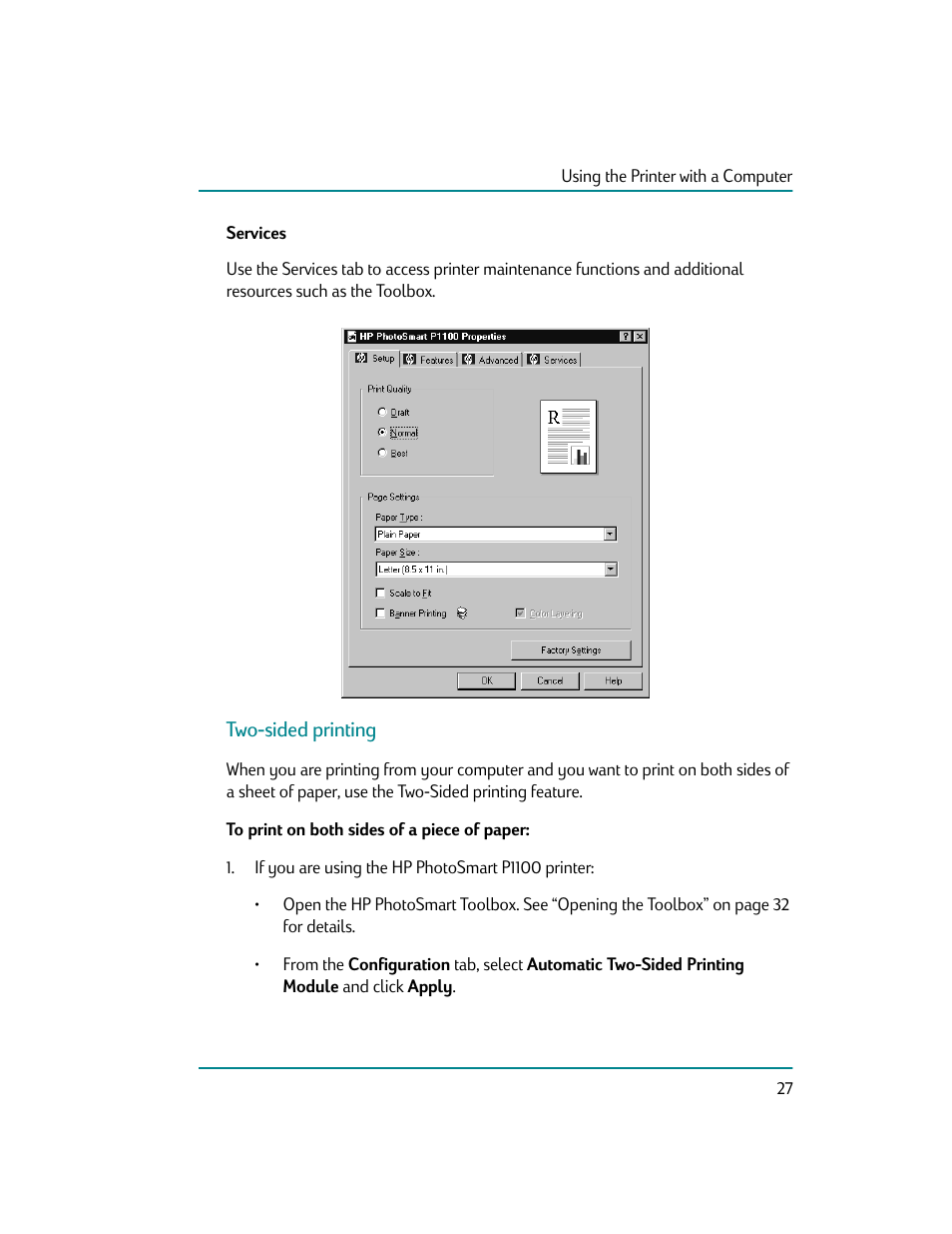 Services, Two-sided printing, To print on both sides of a piece of paper | HP Photosmart p1000 1000 Printer User Manual | Page 33 / 70