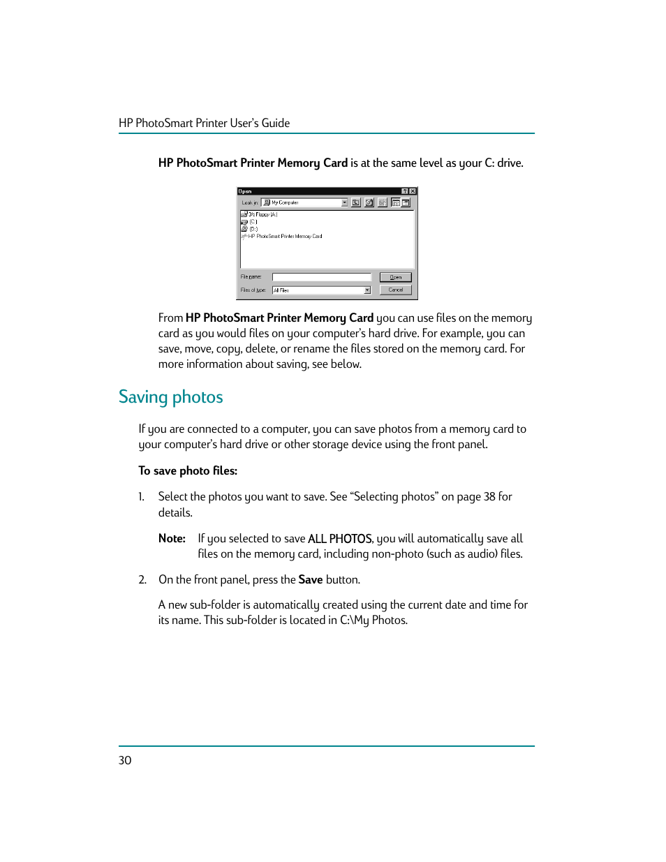 Saving photos, To save photo files | HP Photosmart p1000 1000 Printer User Manual | Page 36 / 70