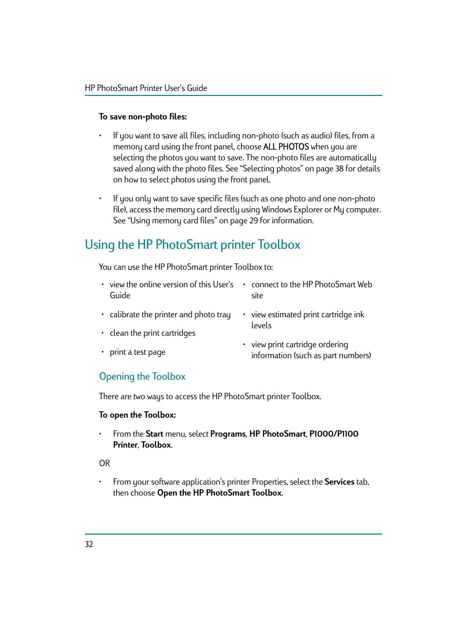 To save non-photo files, Using the hp photosmart printer toolbox, Opening the toolbox | To open the toolbox | HP Photosmart p1000 1000 Printer User Manual | Page 38 / 70