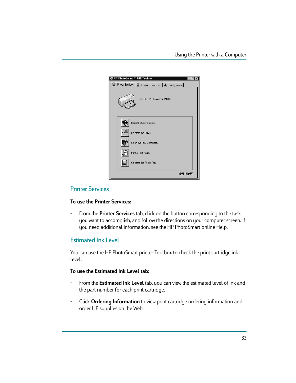 Printer services, To use the printer services, Estimated ink level | To use the estimated ink level tab | HP Photosmart p1000 1000 Printer User Manual | Page 39 / 70
