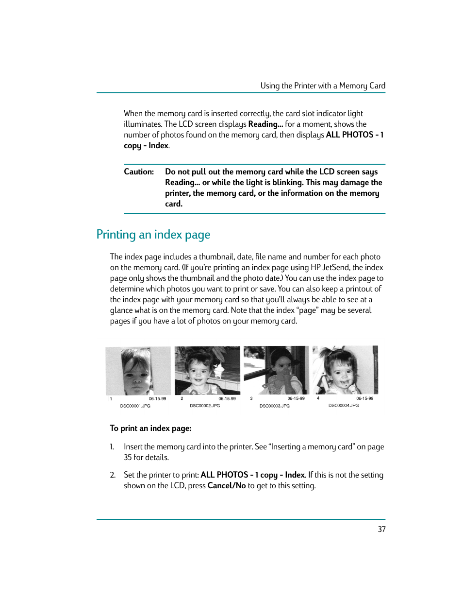 Printing an index page | HP Photosmart p1000 1000 Printer User Manual | Page 43 / 70