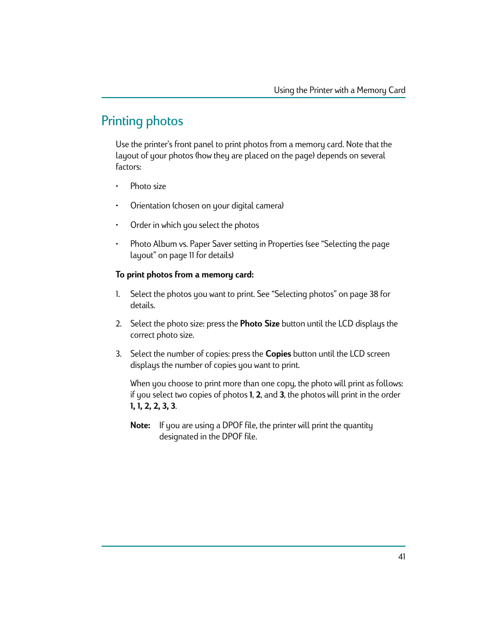 Printing photos, To print photos from a memory card | HP Photosmart p1000 1000 Printer User Manual | Page 47 / 70