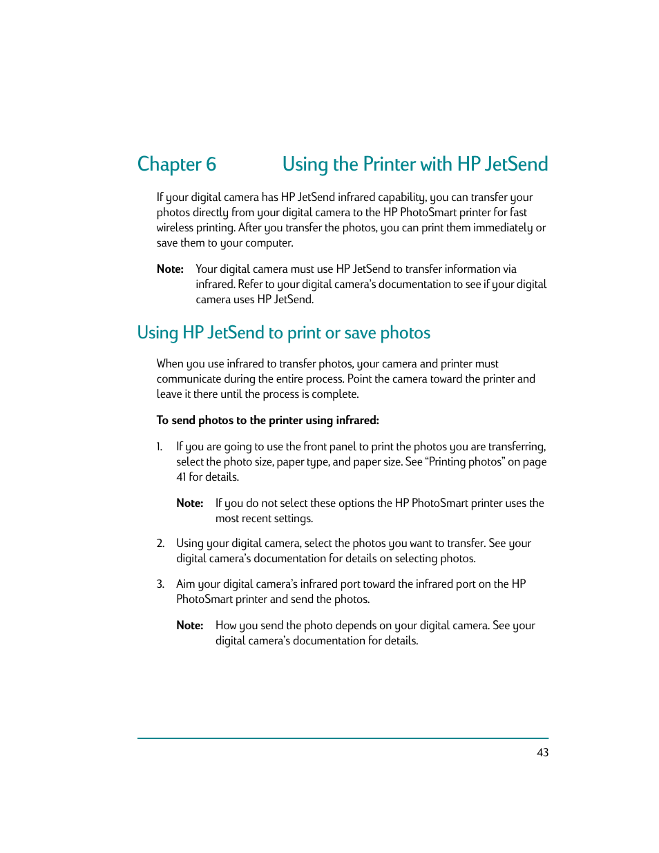 Using the printer with hp jetsend, To send photos to the printer using infrared, Chapter 6 using the printer with hp jetsend | Using hp jetsend to print or save photos | HP Photosmart p1000 1000 Printer User Manual | Page 49 / 70