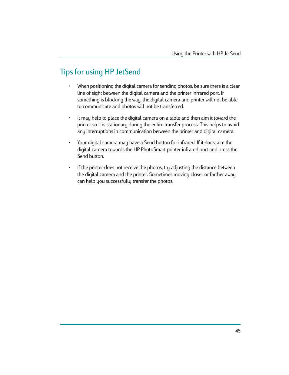 Tips for using hp jetsend | HP Photosmart p1000 1000 Printer User Manual | Page 51 / 70