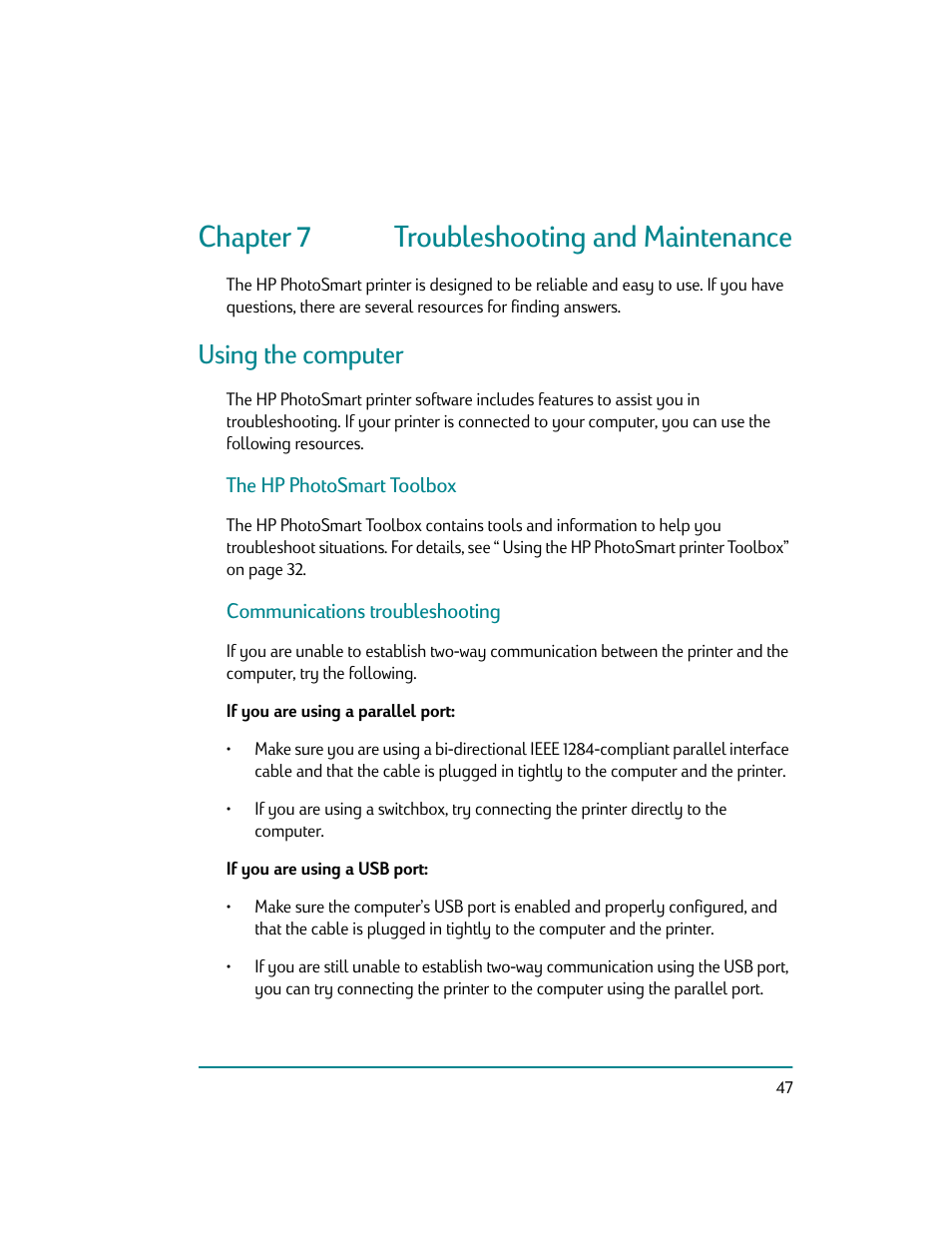 Chapter 7 troubleshooting and maintenance, The hp photosmart toolbox, Communications troubleshooting | If you are using a parallel port, If you are using a usb port, Using the computer | HP Photosmart p1000 1000 Printer User Manual | Page 53 / 70