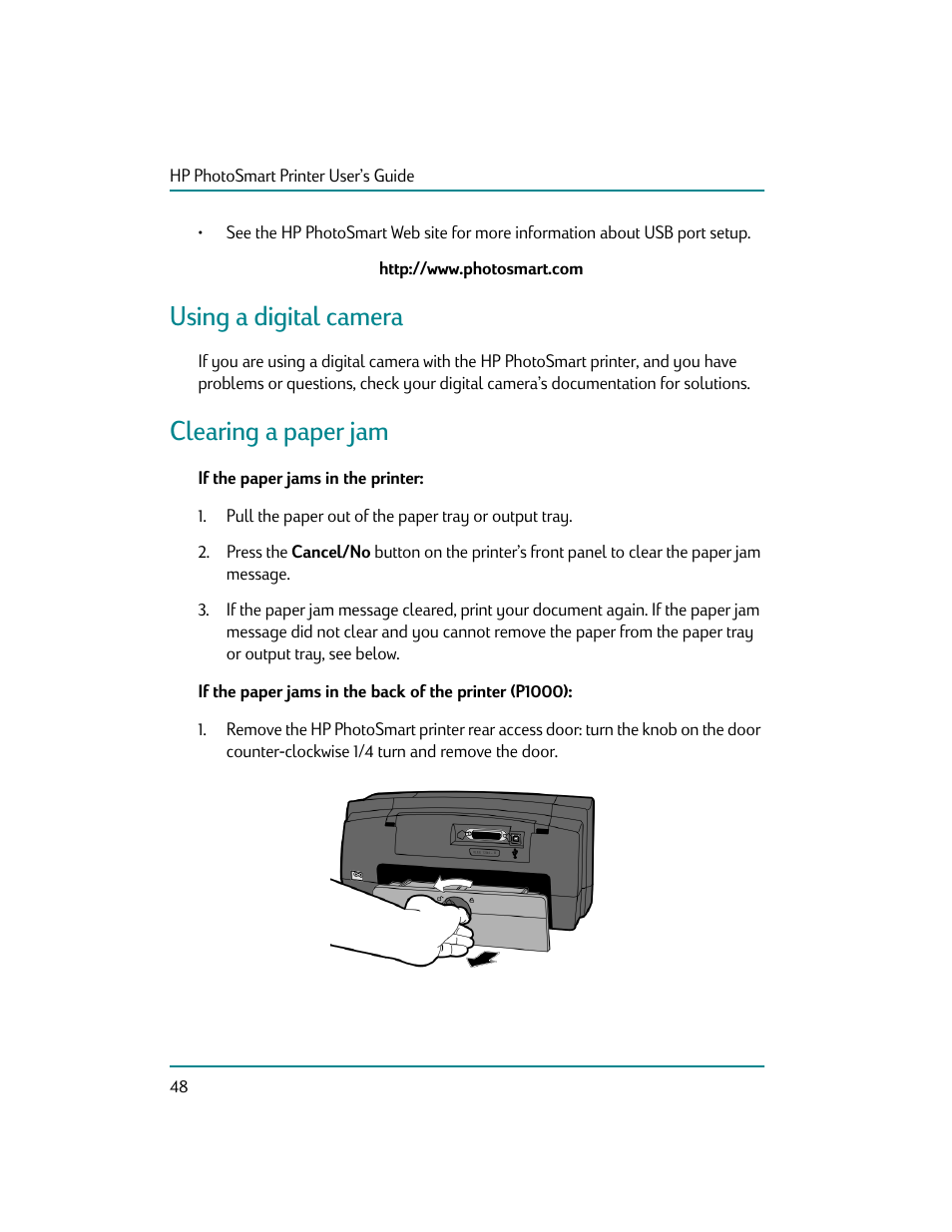 If the paper jams in the printer, Using a digital camera, Clearing a paper jam | HP Photosmart p1000 1000 Printer User Manual | Page 54 / 70