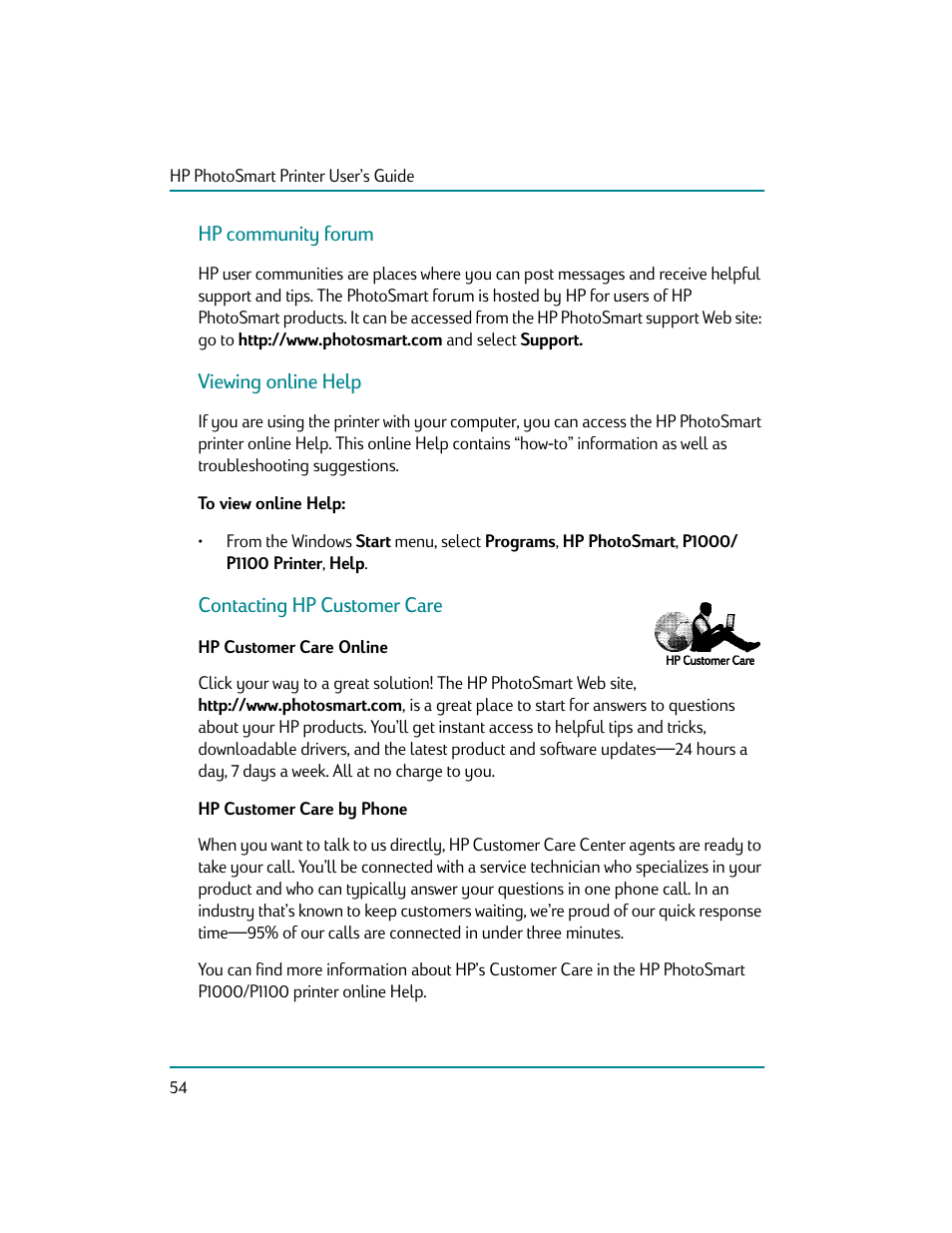 Hp community forum, Viewing online help, To view online help | Contacting hp customer care, Hp customer care online, Hp customer care by phone, Hp communitg forum | HP Photosmart p1000 1000 Printer User Manual | Page 60 / 70