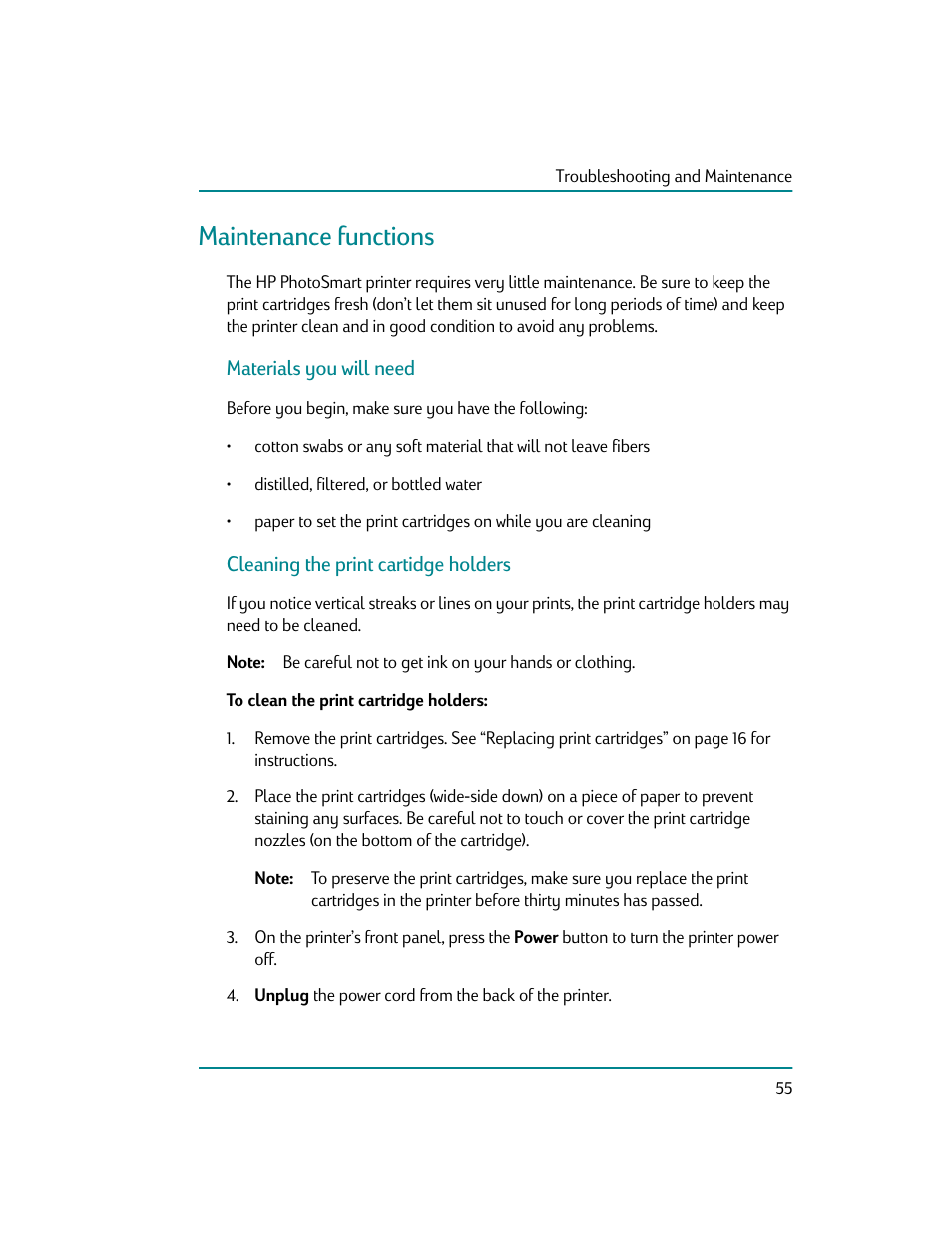 Maintenance functions, Materials you will need, Cleaning the print cartidge holders | To clean the print cartridge holders, Materials \ou will need | HP Photosmart p1000 1000 Printer User Manual | Page 61 / 70