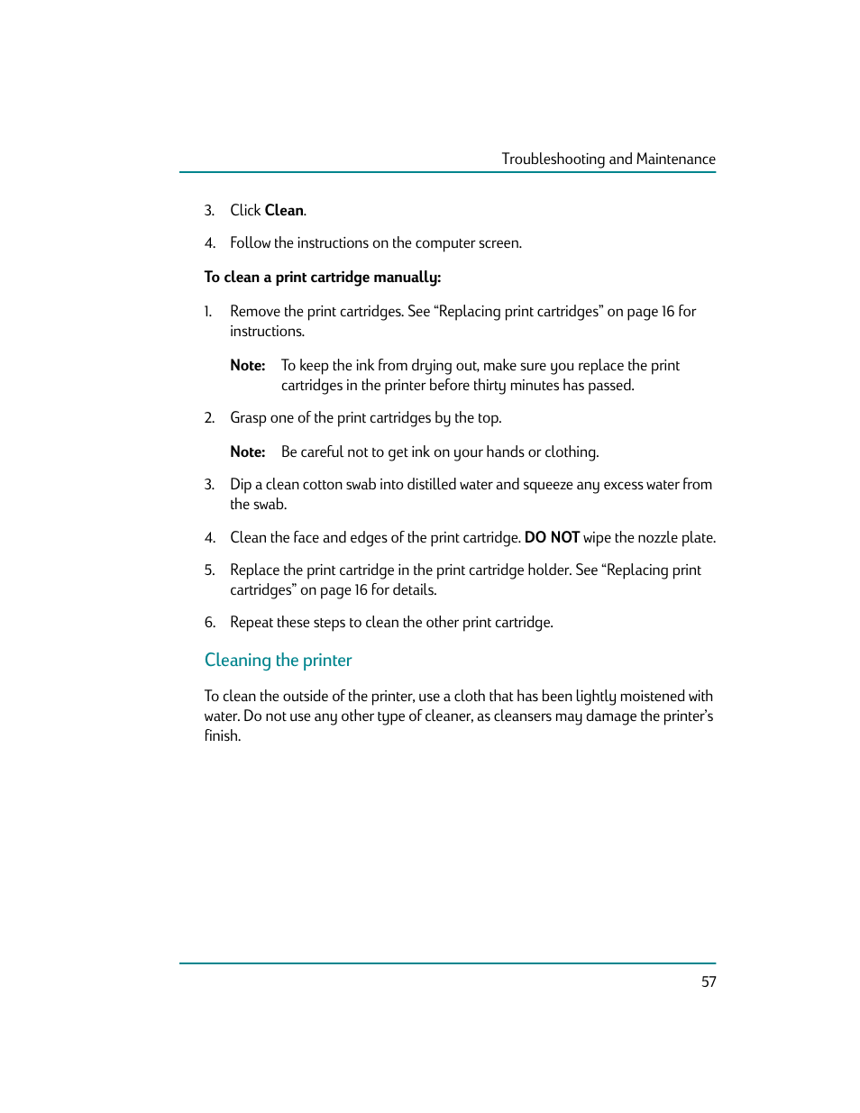To clean a print cartridge manually, Cleaning the printer | HP Photosmart p1000 1000 Printer User Manual | Page 63 / 70