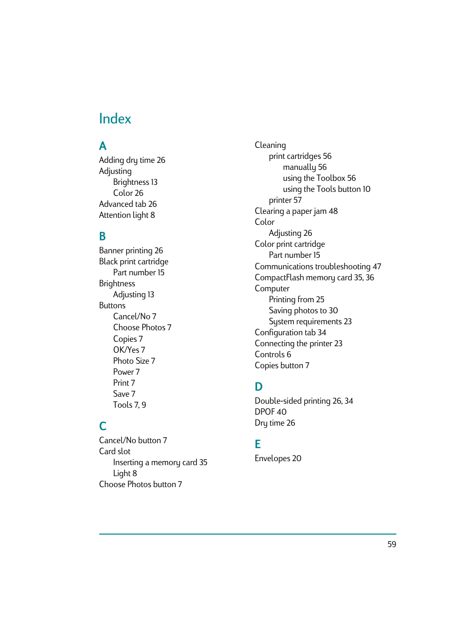 Index | HP Photosmart p1000 1000 Printer User Manual | Page 65 / 70