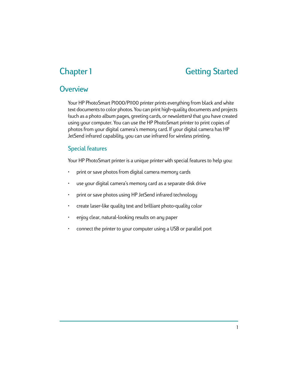 Getting started, Overview, Special features | Chapterl getting started overview | HP Photosmart p1000 1000 Printer User Manual | Page 7 / 70