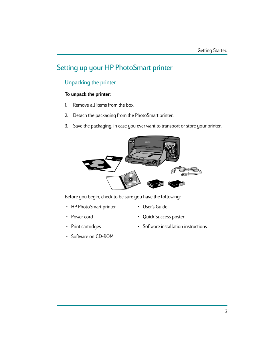 Setting up your hp photosmart printer, Unpacking the printer, To unpack the printer | Setting up gour hp photosmart printer | HP Photosmart p1000 1000 Printer User Manual | Page 9 / 70