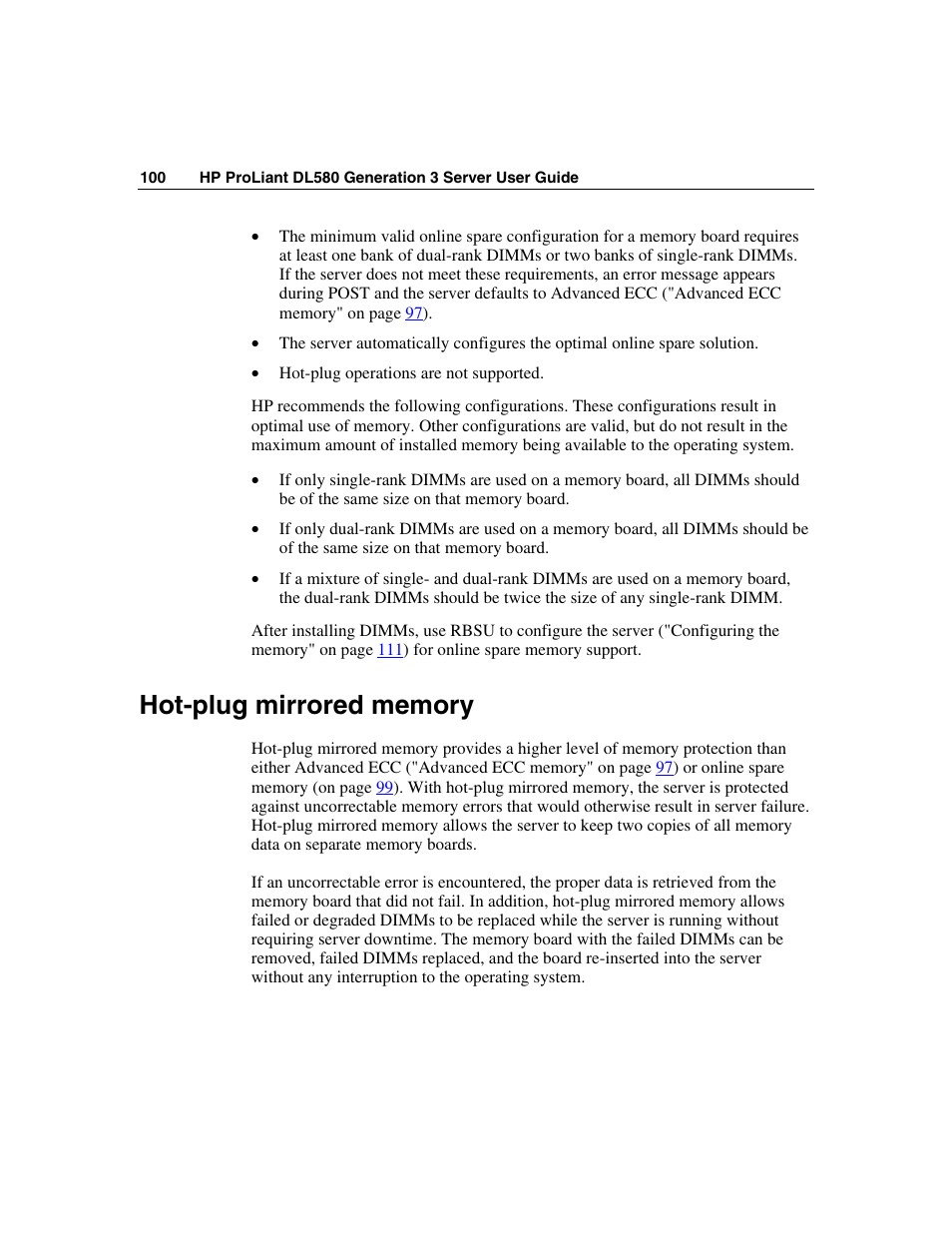 Hot-plug mirrored memory, Hot-plug mirrored, Memory" on | HP ProLiant DL580 G3 Server User Manual | Page 100 / 190