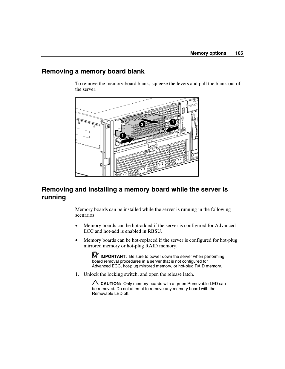 Removing a memory board blank | HP ProLiant DL580 G3 Server User Manual | Page 105 / 190