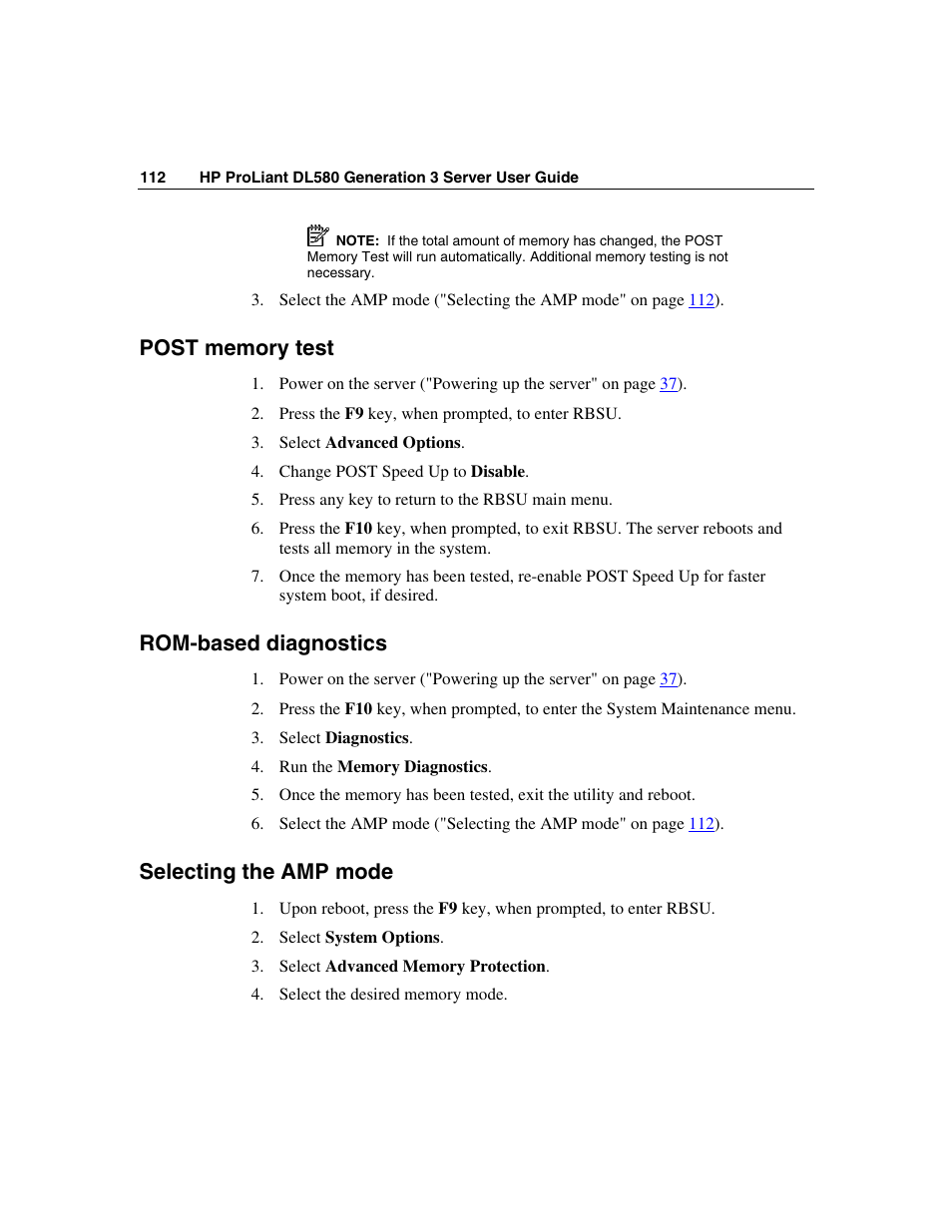 Post memory test, Rom-based diagnostics, Selecting the amp mode | HP ProLiant DL580 G3 Server User Manual | Page 112 / 190