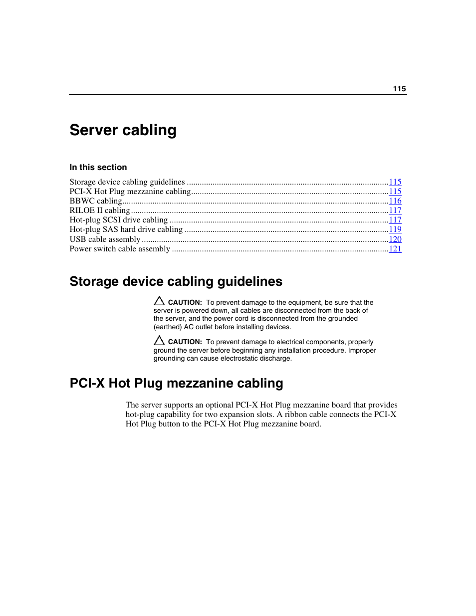 Server cabling, Storage device cabling guidelines, Pci-x hot plug mezzanine cabling | HP ProLiant DL580 G3 Server User Manual | Page 115 / 190