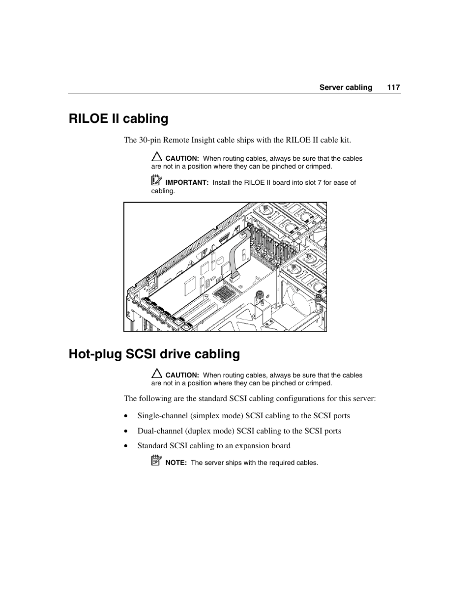 Riloe ii cabling, Hot-plug scsi drive cabling, Le ("riloe ii cabling" on | HP ProLiant DL580 G3 Server User Manual | Page 117 / 190