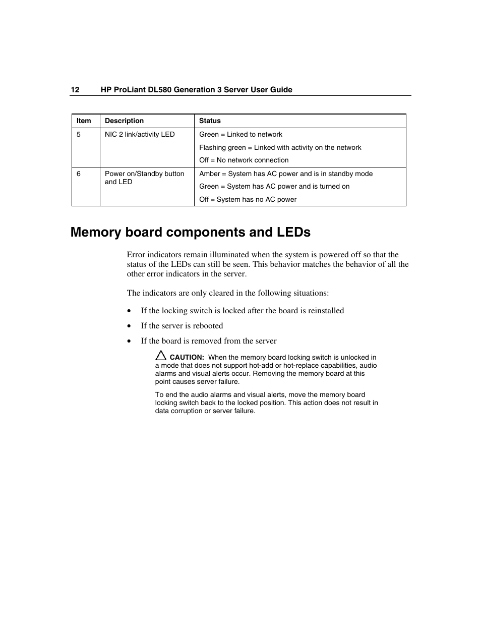 Memory board components and leds | HP ProLiant DL580 G3 Server User Manual | Page 12 / 190