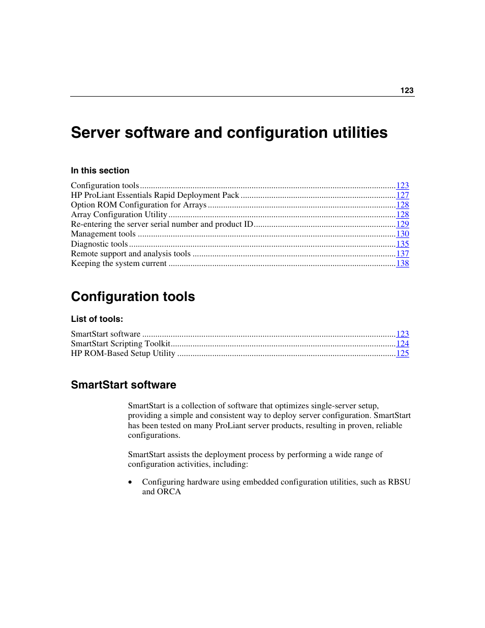 Server software and configuration utilities, Configuration tools, Smartstart software | HP ProLiant DL580 G3 Server User Manual | Page 123 / 190