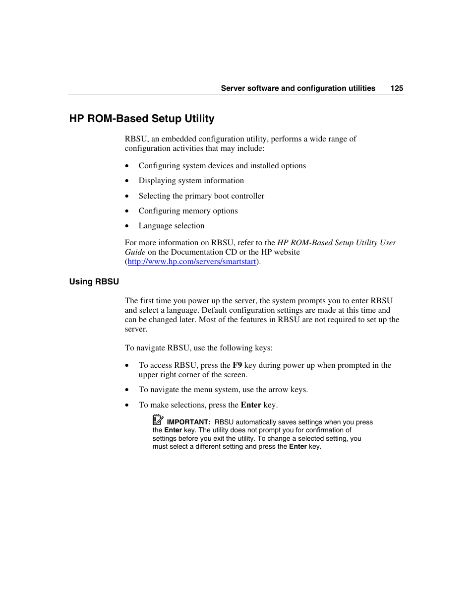 Hp rom-based setup utility, Using rbsu | HP ProLiant DL580 G3 Server User Manual | Page 125 / 190