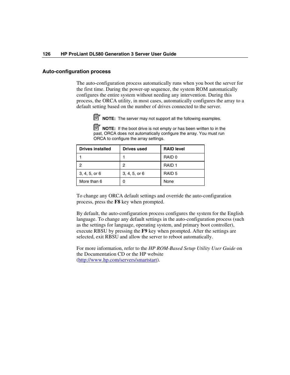 Auto-configuration process | HP ProLiant DL580 G3 Server User Manual | Page 126 / 190