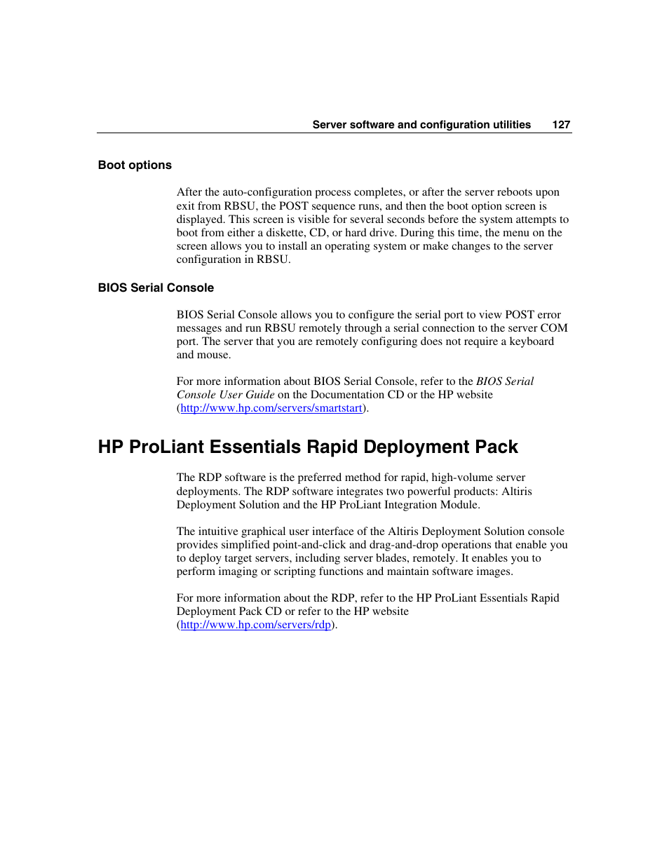 Boot options, Bios serial console, Hp proliant essentials rapid deployment pack | HP ProLiant DL580 G3 Server User Manual | Page 127 / 190