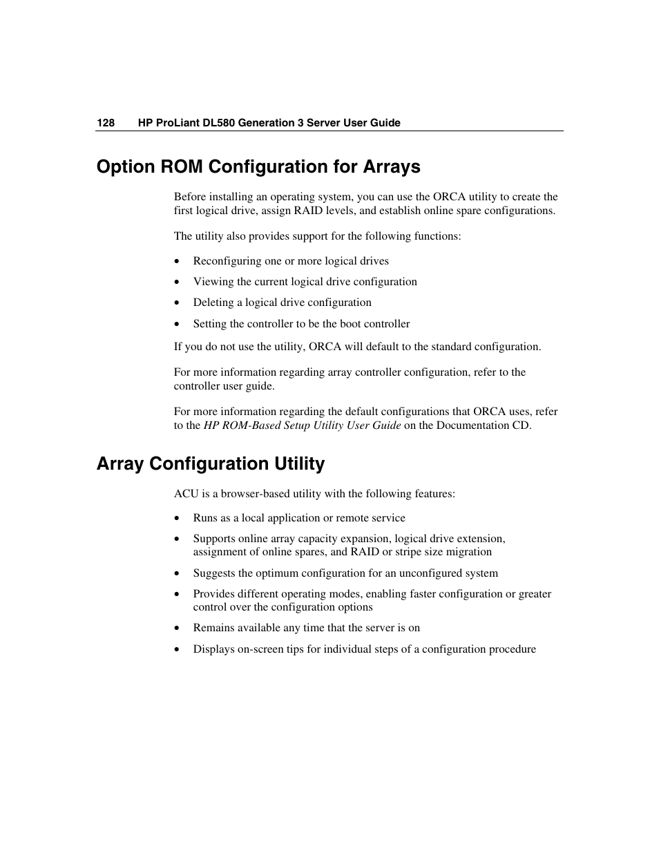 Option rom configuration for arrays, Array configuration utility, Array | HP ProLiant DL580 G3 Server User Manual | Page 128 / 190