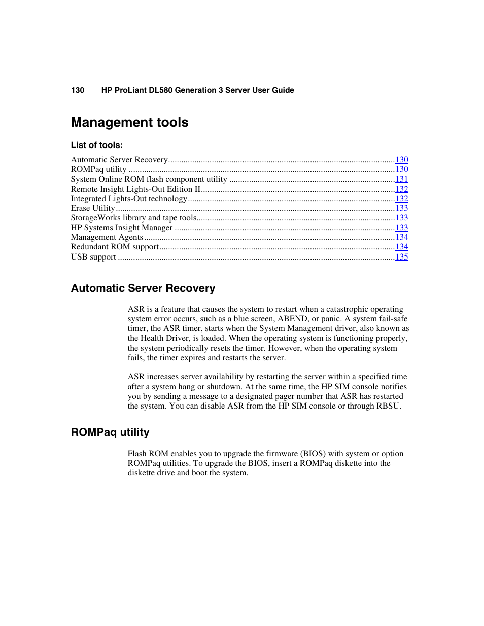 Management tools, Automatic server recovery, Rompaq utility | HP ProLiant DL580 G3 Server User Manual | Page 130 / 190