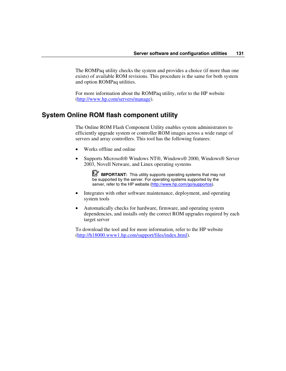 System online rom flash component utility | HP ProLiant DL580 G3 Server User Manual | Page 131 / 190