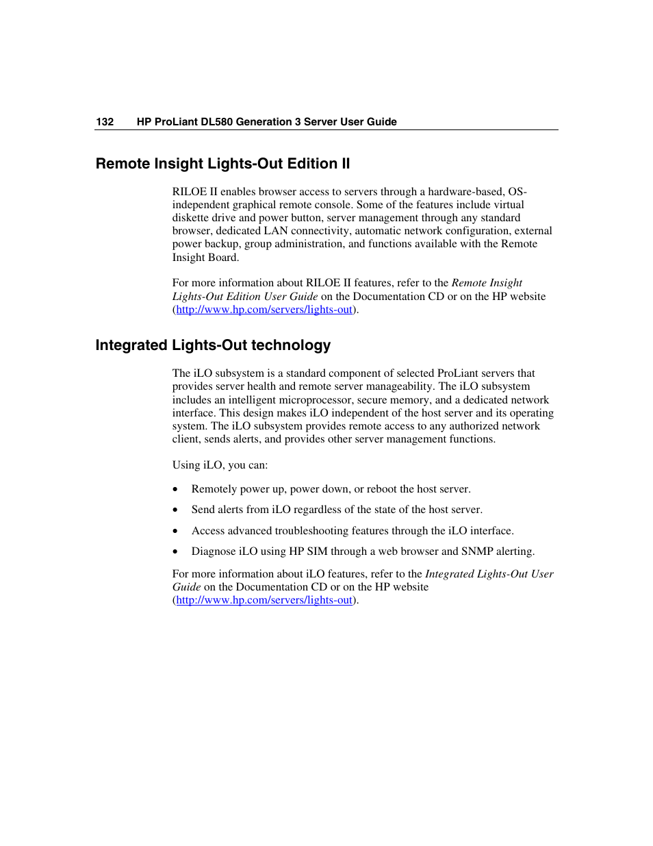 Remote insight lights-out edition ii, Integrated lights-out technology | HP ProLiant DL580 G3 Server User Manual | Page 132 / 190