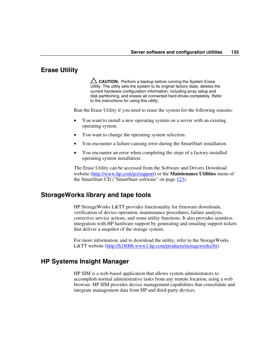 Erase utility, Storageworks library and tape tools, Hp systems insight manager | HP ProLiant DL580 G3 Server User Manual | Page 133 / 190