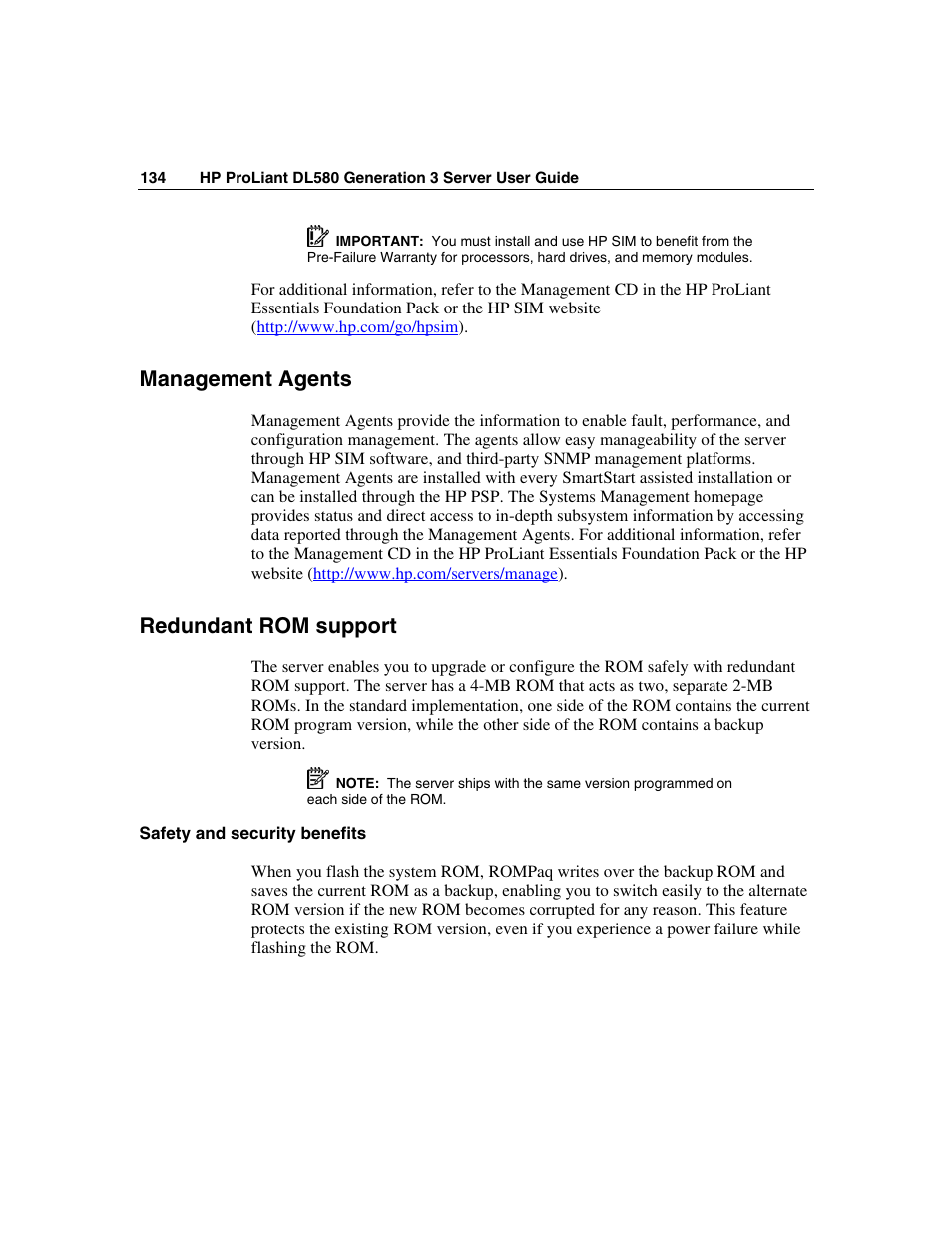 Management agents, Redundant rom support, Safety and security benefits | HP ProLiant DL580 G3 Server User Manual | Page 134 / 190