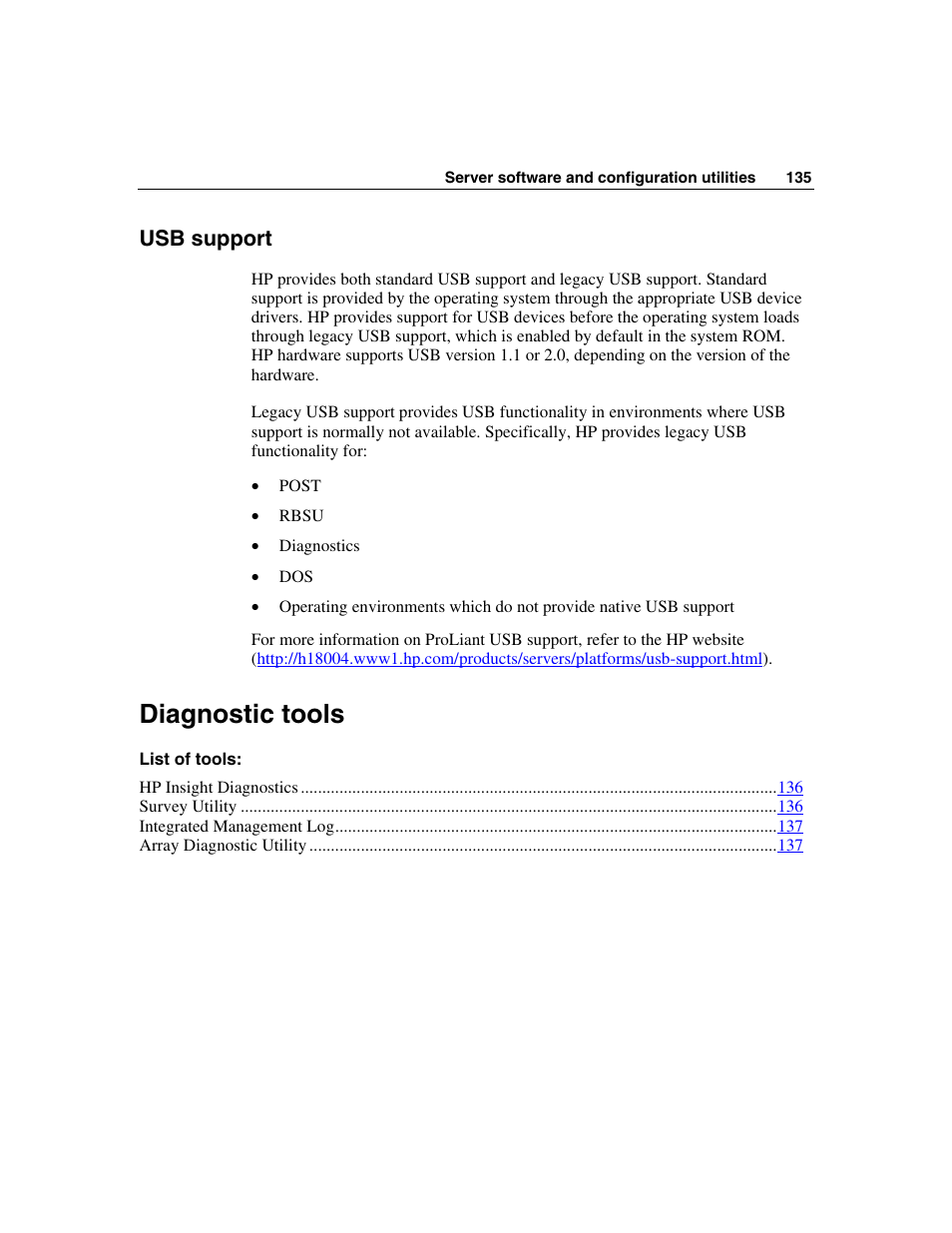 Usb support, Diagnostic tools | HP ProLiant DL580 G3 Server User Manual | Page 135 / 190