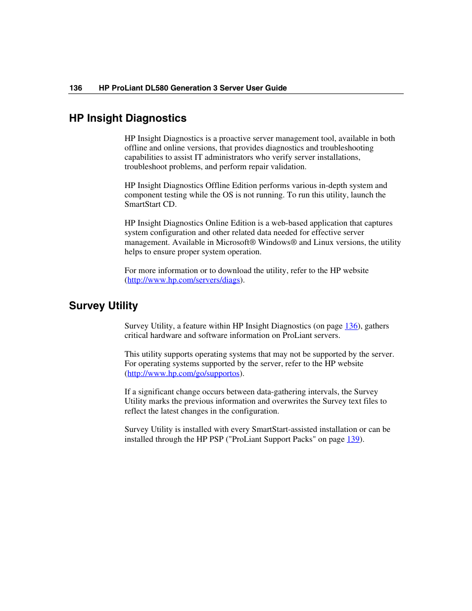 Hp insight diagnostics, Survey utility | HP ProLiant DL580 G3 Server User Manual | Page 136 / 190