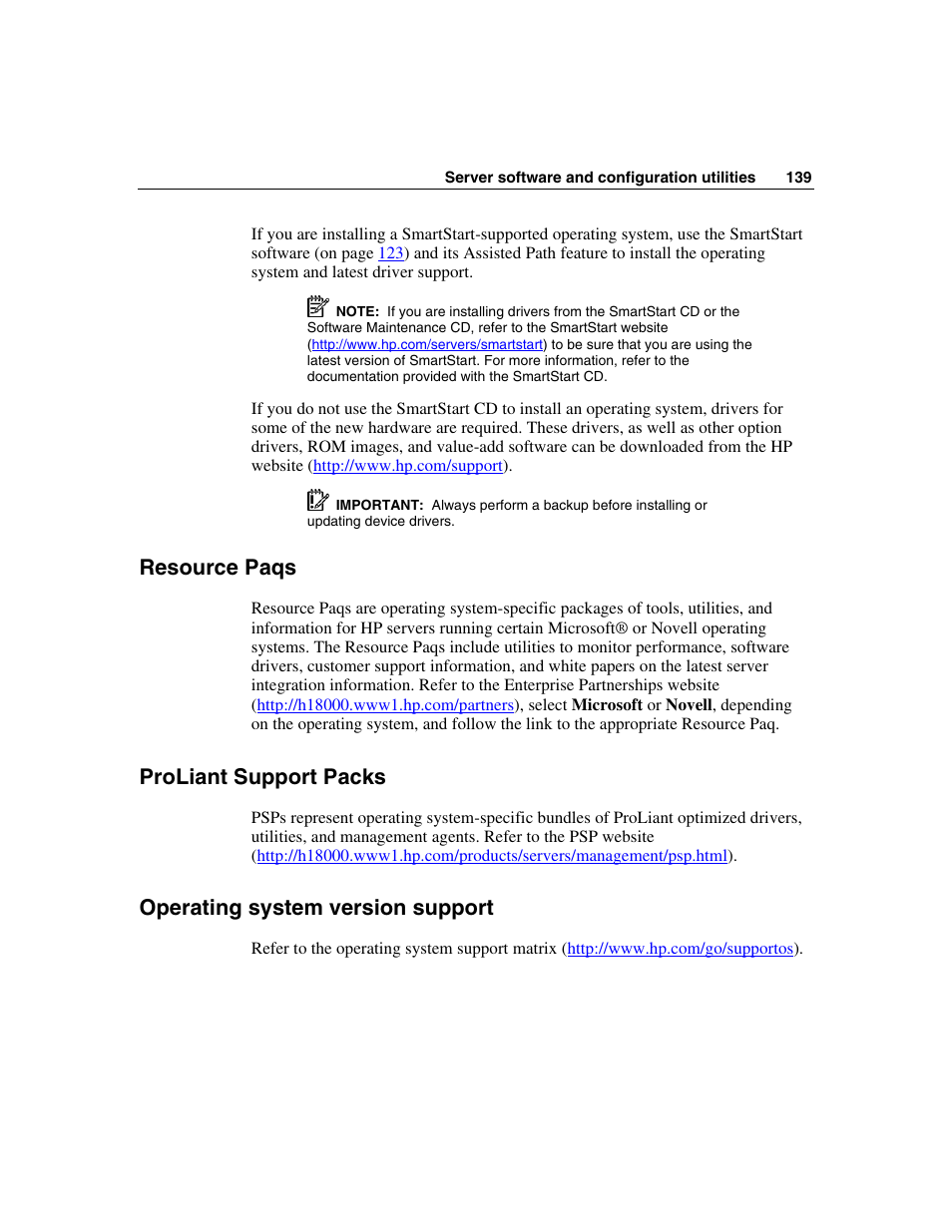 Resource paqs, Proliant support packs, Operating system version support | HP ProLiant DL580 G3 Server User Manual | Page 139 / 190