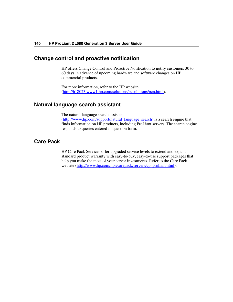 Change control and proactive notification, Natural language search assistant, Care pack | HP ProLiant DL580 G3 Server User Manual | Page 140 / 190