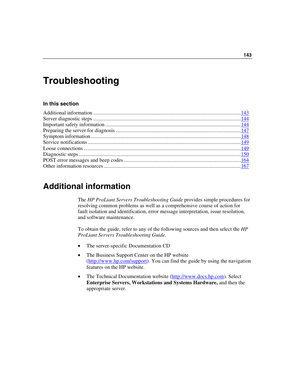 Troubleshooting, Additional information, Troubleshooting 143 | HP ProLiant DL580 G3 Server User Manual | Page 143 / 190