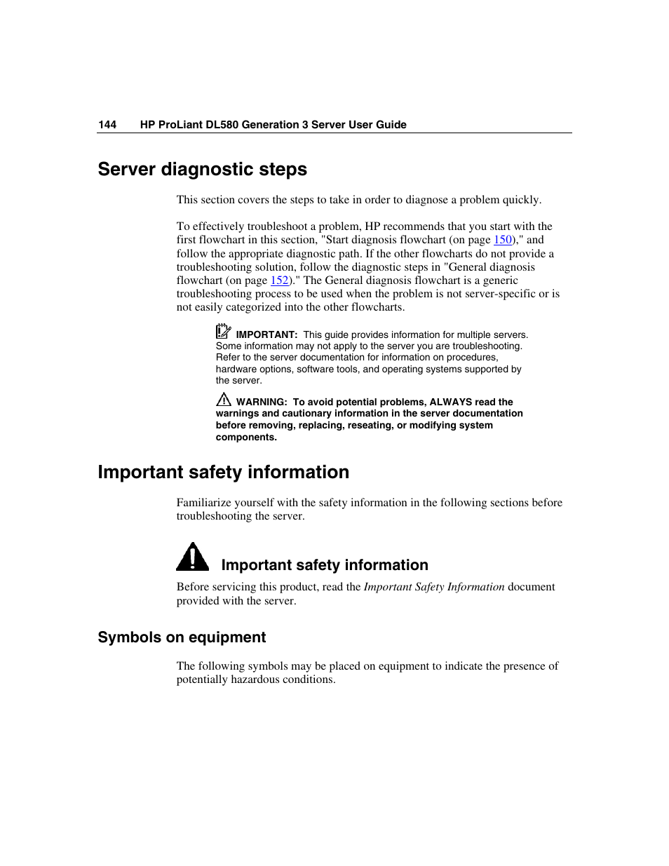 Server diagnostic steps, Important safety information, Symbols on equipment | HP ProLiant DL580 G3 Server User Manual | Page 144 / 190