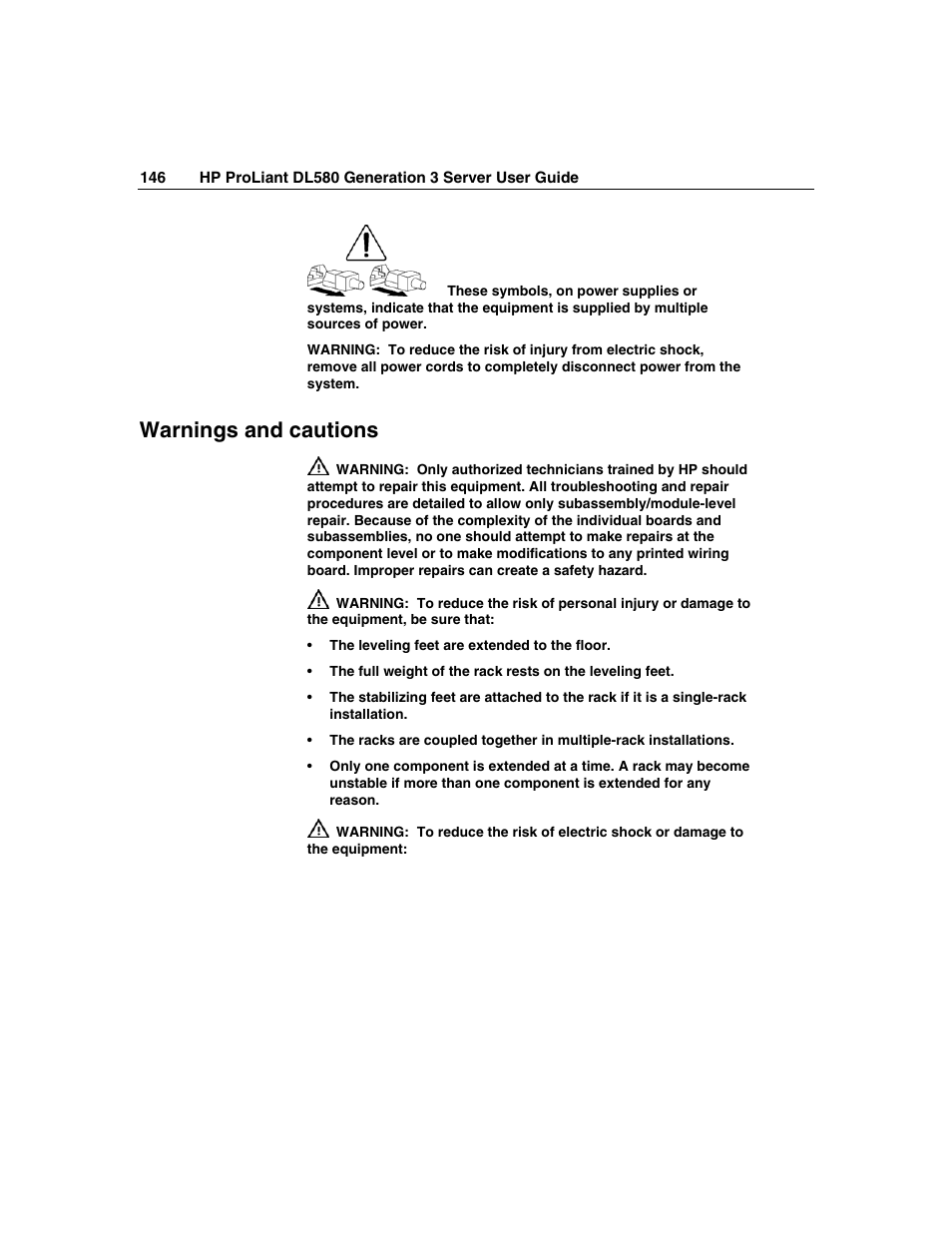 Warnings and cautions | HP ProLiant DL580 G3 Server User Manual | Page 146 / 190