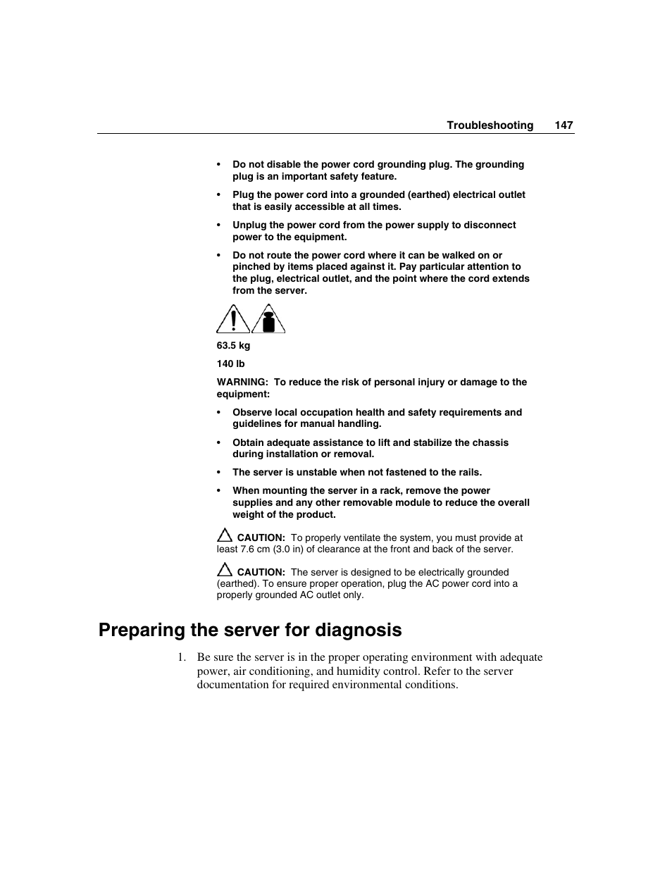 Preparing the server for diagnosis | HP ProLiant DL580 G3 Server User Manual | Page 147 / 190