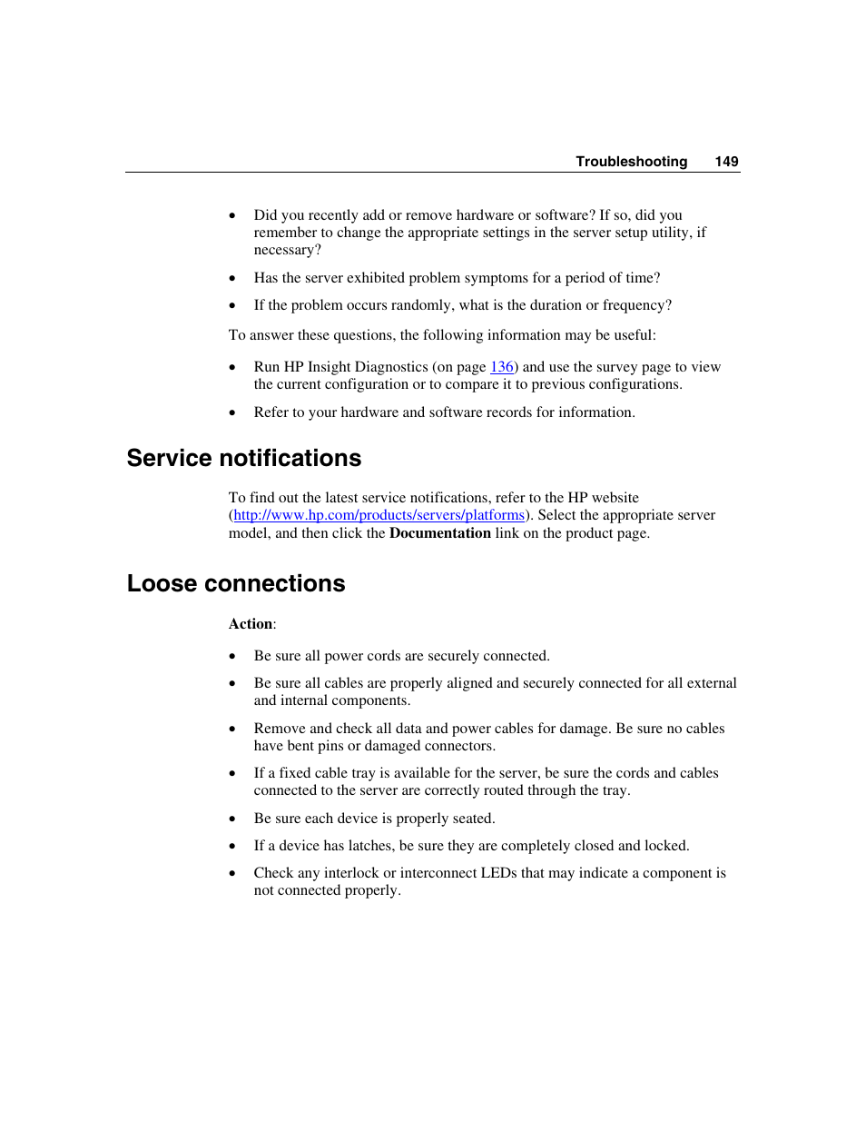 Service notifications, Loose connections | HP ProLiant DL580 G3 Server User Manual | Page 149 / 190