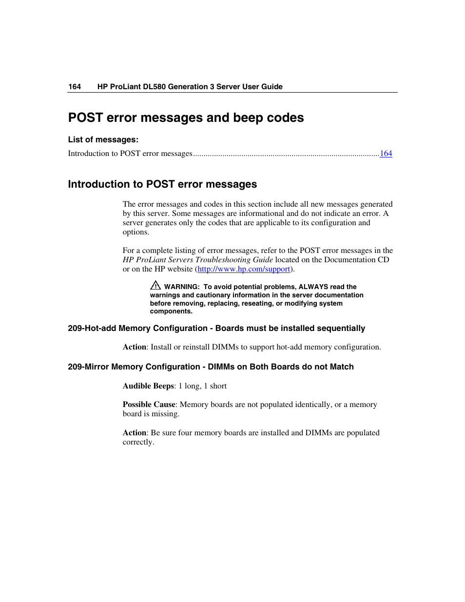 Post error messages and beep codes, Introduction to post error messages | HP ProLiant DL580 G3 Server User Manual | Page 164 / 190