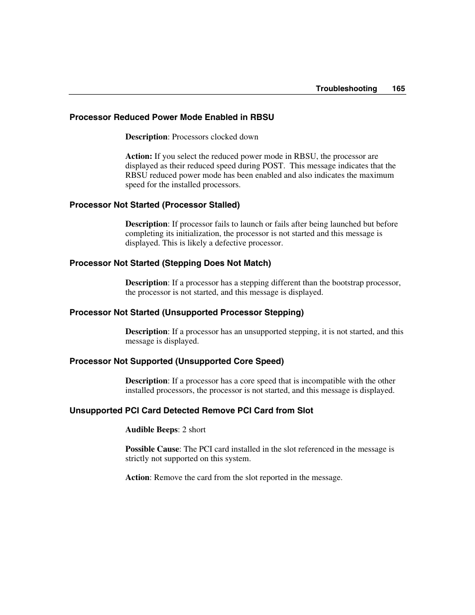 Processor reduced power mode enabled in rbsu, Processor not started (processor stalled), Processor not started (stepping does not match) | Processor not supported (unsupported core speed) | HP ProLiant DL580 G3 Server User Manual | Page 165 / 190