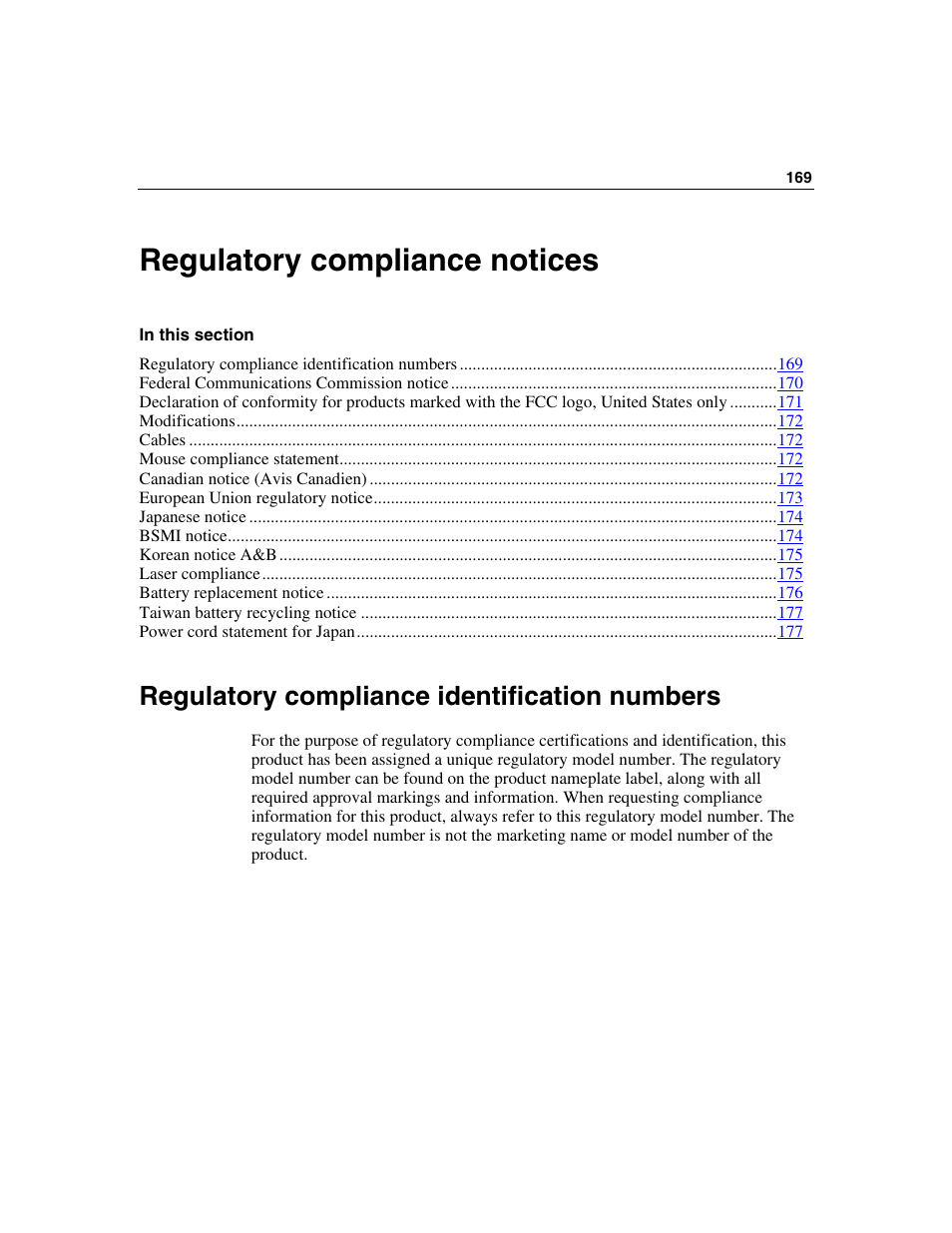 Regulatory compliance notices, Regulatory compliance identification numbers | HP ProLiant DL580 G3 Server User Manual | Page 169 / 190