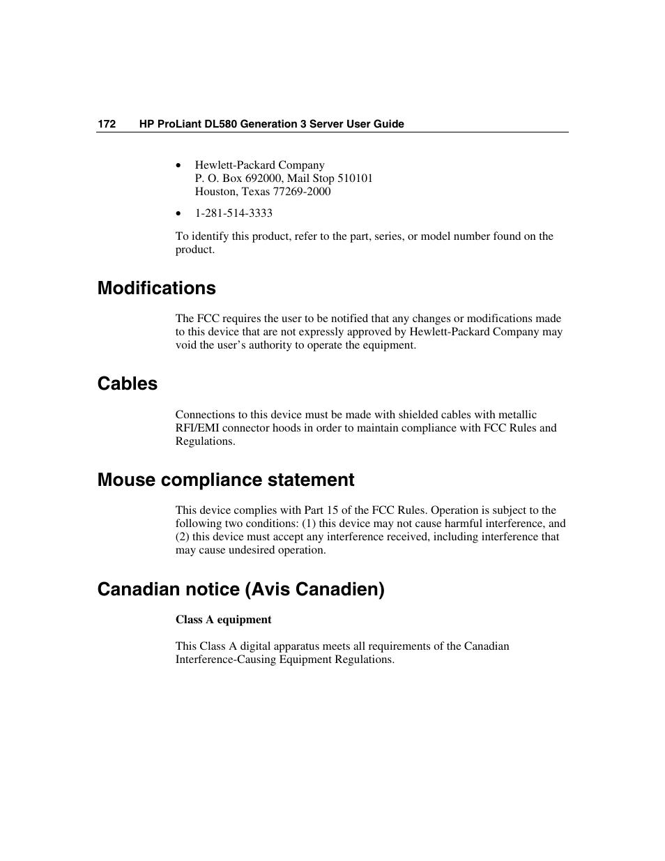 Modifications, Cables, Mouse compliance statement | Canadian notice (avis canadien) | HP ProLiant DL580 G3 Server User Manual | Page 172 / 190