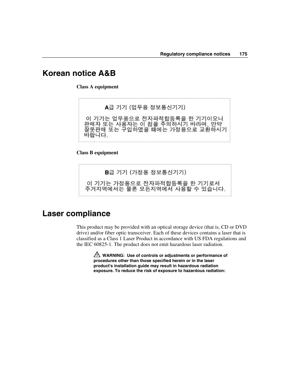 Korean notice a&b, Laser compliance | HP ProLiant DL580 G3 Server User Manual | Page 175 / 190