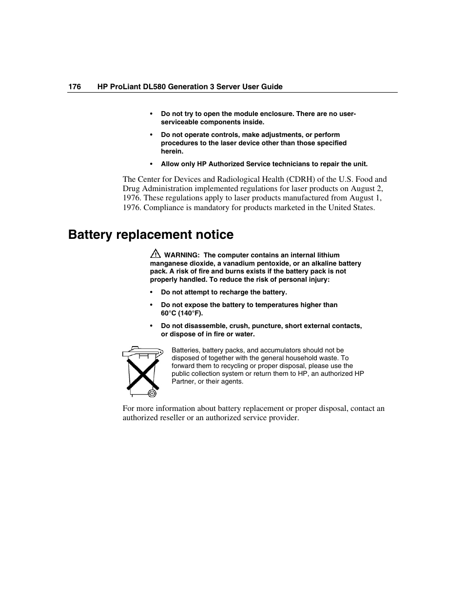 Battery replacement notice | HP ProLiant DL580 G3 Server User Manual | Page 176 / 190