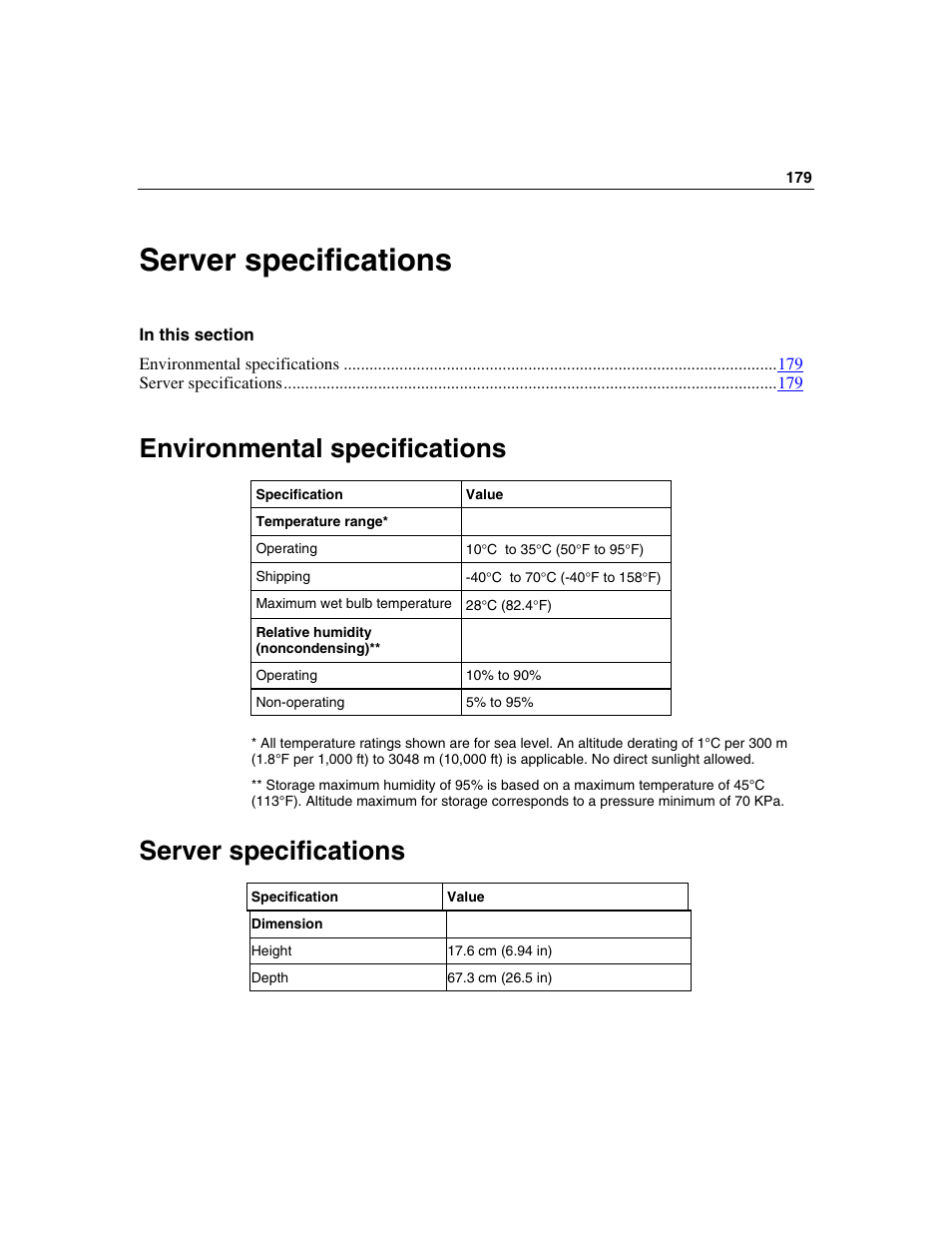 Server specifications, Environmental specifications | HP ProLiant DL580 G3 Server User Manual | Page 179 / 190